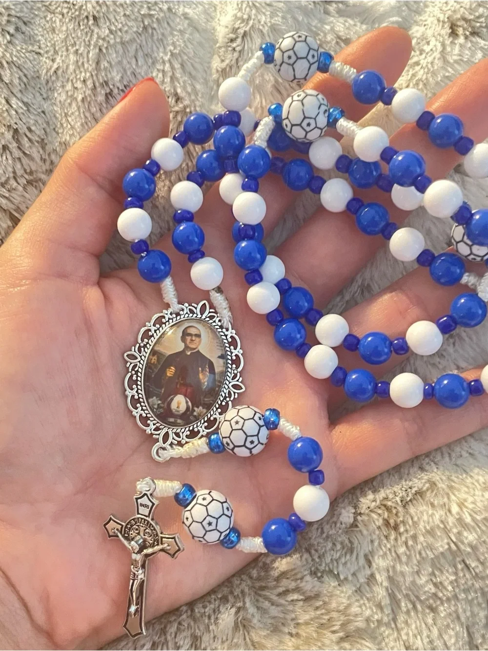 Blue and White Beaded Rosary Necklace with Saint Medallion